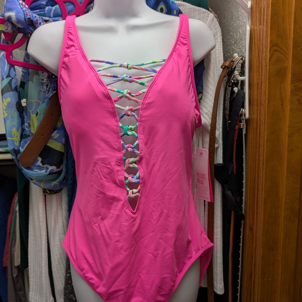 Lilly Pulitzer Pink Starburst Lattice Swimsuit Size 12 NWT